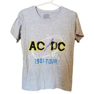 AC/DC Graphic T-Shirt Jrs Sz L 1981 Tour Gray Short‎ Sleeve Rock Band Music New
